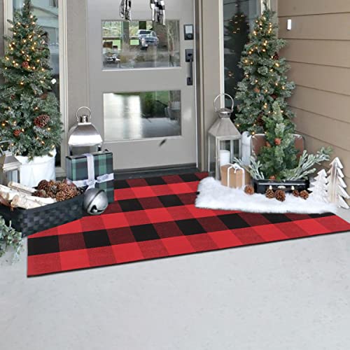 Buffalo Plaid Outdoor Rug Runner 24'' x51'', Collive Christmas Black/Red Cotton Woven Checkered Welcome Door Mat, Washable Indoor Floor Rugs for Porch Kitchen Bathroom Laundry Living Room Decor