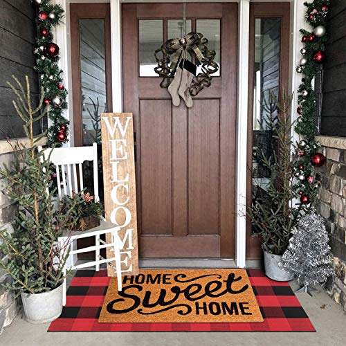 Buffalo Plaid Outdoor Rug Runner 24'' x51'', Collive Christmas Black/Red Cotton Woven Checkered Welcome Door Mat, Washable Indoor Floor Rugs for Porch Kitchen Bathroom Laundry Living Room Decor
