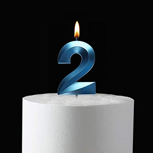 Qj-solar 2.76 inch Blue 2 Birthday Candles,3D Number 2nd Cake Topper for Birthday Decorations No 21 22 23 24 25 26 27 28 29