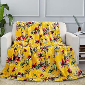 dada bedding vibrant tropical hummingbird throw blanket – sunny yellow fleece bright super soft faux mink for sofa or couch – cozy & lightweight – 63″ x 90
