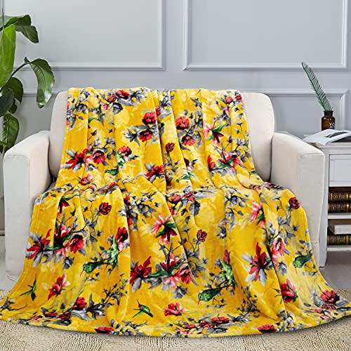 DaDa Bedding Vibrant Tropical Hummingbird Throw Blanket - Sunny Yellow Fleece Bright Super Soft Faux Mink for Sofa or Couch - Cozy & Lightweight - 63" x 90