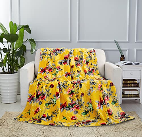 DaDa Bedding Vibrant Tropical Hummingbird Throw Blanket - Sunny Yellow Fleece Bright Super Soft Faux Mink for Sofa or Couch - Cozy & Lightweight - 63" x 90