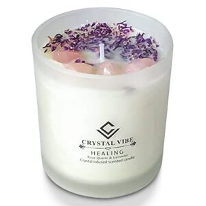 crystal vibe healing crystal candle with rose quartz crystals and lavender petals – natural soy wax lavender scented candle with crystals inside for home décor clearance – aromatherapy meditation