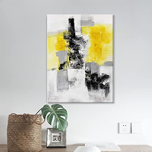 7Fisionart Gray and Yellow Abstract Canvas Wall Art Bathroom Pictures Painting Grey Black Yellow Wall Décor Modern Framed Artwork for Living Dining Room Kitchen Office Home Decorations 12"x16"