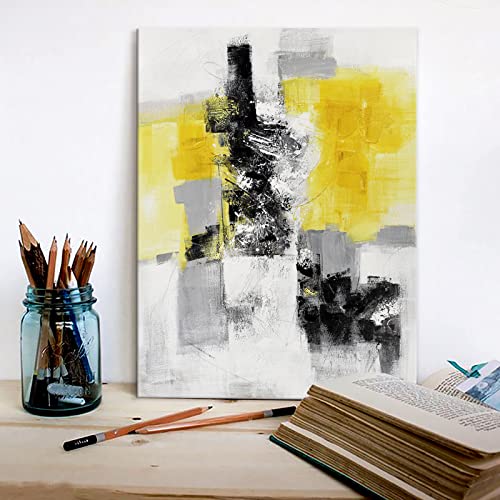 7Fisionart Gray and Yellow Abstract Canvas Wall Art Bathroom Pictures Painting Grey Black Yellow Wall Décor Modern Framed Artwork for Living Dining Room Kitchen Office Home Decorations 12"x16"