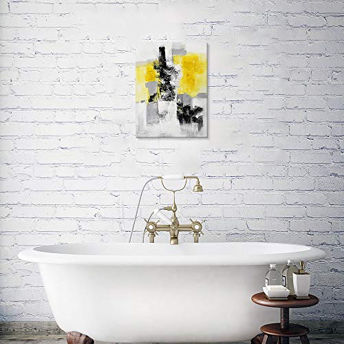 7Fisionart Gray and Yellow Abstract Canvas Wall Art Bathroom Pictures Painting Grey Black Yellow Wall Décor Modern Framed Artwork for Living Dining Room Kitchen Office Home Decorations 12"x16"