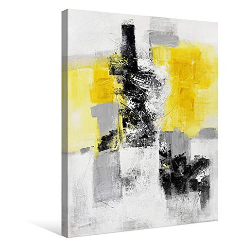 7Fisionart Gray and Yellow Abstract Canvas Wall Art Bathroom Pictures Painting Grey Black Yellow Wall Décor Modern Framed Artwork for Living Dining Room Kitchen Office Home Decorations 12"x16"