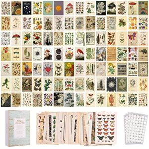 puthiac 100pcs vintage photo wall collage kit aesthetic posters, double-sided printed botanical illustration tarot aesthetic pictures for cottage core vintage room decor (vintage set of 200pictures)