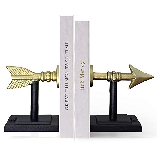 Large Gold Arrow Metal Bookends | Heavy, Decorative, Farmhouse, & Unique for The Bookshelf by Wallcharmers