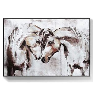 lamplig horse pictures large hand painted wall art oil paintings brown animal canvas prints farmhouse wall decor horses head to head artwork stretched black frame for bedroom living room 48×32 inch