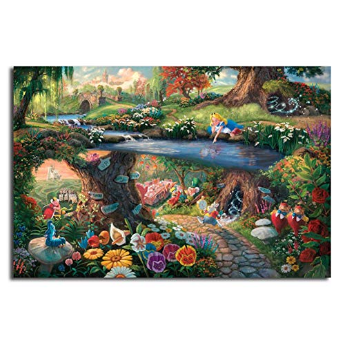 KONGQTE Alice in Wonderland Canvas Painting by Thomas Kinkade Posters Prints Wall Art Picture Modern Home Decoration Kid Christmas-24Inx36Inx1 No Frame