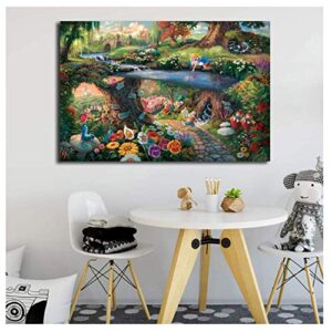 KONGQTE Alice in Wonderland Canvas Painting by Thomas Kinkade Posters Prints Wall Art Picture Modern Home Decoration Kid Christmas-24Inx36Inx1 No Frame