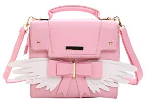 shuiangran girls cute shoulder bags pu leather purses crossbody handbag for women bow satchel wing pink