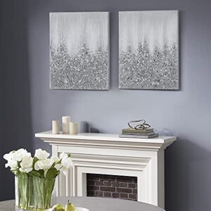 Madison Park Wall Art Living Room Decor-Embellished Hand Painted Metallic Canvas, Home Accent Glitter Abstract Bathroom Decoration Ready to Hang Bedroom Painting, Each 22"W x 28"H x 1.5"D, Silver, 2 Piece Set