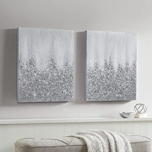 Madison Park Wall Art Living Room Decor-Embellished Hand Painted Metallic Canvas, Home Accent Glitter Abstract Bathroom Decoration Ready to Hang Bedroom Painting, Each 22"W x 28"H x 1.5"D, Silver, 2 Piece Set