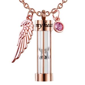 prekiar cremation urn necklace for ashes timeless hourglass memorial pendant keepsake jewelry for human pet ashes with 12 birthstone angel wing (rose gold hourglass)