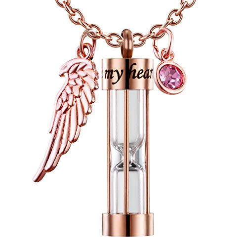 PREKIAR Cremation Urn Necklace for Ashes Timeless Hourglass Memorial Pendant Keepsake Jewelry for Human Pet Ashes with 12 Birthstone Angel Wing (Rose Gold Hourglass)