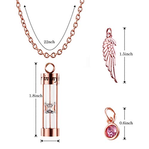 PREKIAR Cremation Urn Necklace for Ashes Timeless Hourglass Memorial Pendant Keepsake Jewelry for Human Pet Ashes with 12 Birthstone Angel Wing (Rose Gold Hourglass)