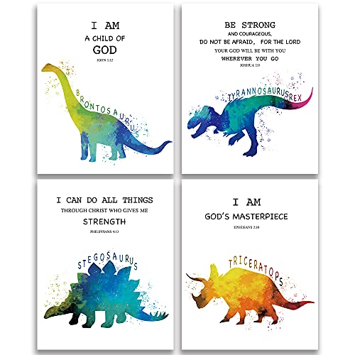 SUUURA-OO Christian Quotes Bible Scripture Quote Dinosaur Watercolor Wall Art Prints Set of 4 (8”X10”), Dinosaur Poster Wall Decor for Kids Teens Boys Room Bedroom Nursery Unframed