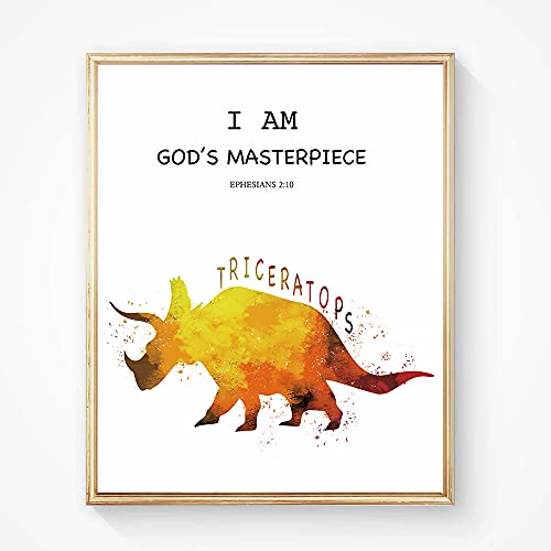 SUUURA-OO Christian Quotes Bible Scripture Quote Dinosaur Watercolor Wall Art Prints Set of 4 (8”X10”), Dinosaur Poster Wall Decor for Kids Teens Boys Room Bedroom Nursery Unframed