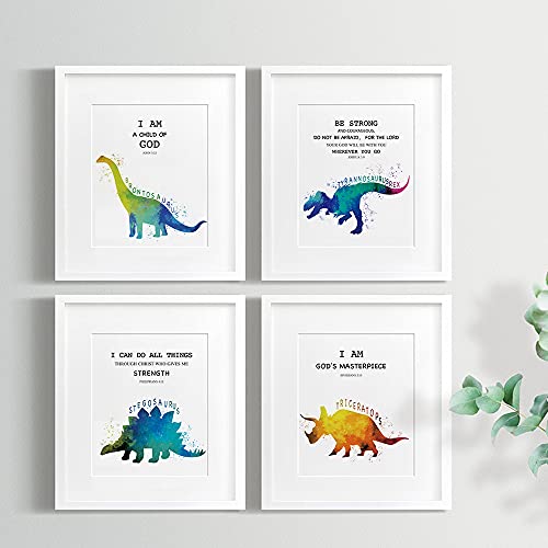 SUUURA-OO Christian Quotes Bible Scripture Quote Dinosaur Watercolor Wall Art Prints Set of 4 (8”X10”), Dinosaur Poster Wall Decor for Kids Teens Boys Room Bedroom Nursery Unframed