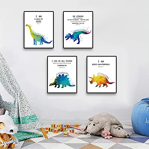 SUUURA-OO Christian Quotes Bible Scripture Quote Dinosaur Watercolor Wall Art Prints Set of 4 (8”X10”), Dinosaur Poster Wall Decor for Kids Teens Boys Room Bedroom Nursery Unframed