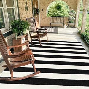 black and white rug 4′ x 6′ collive washable striped outdoor indoor rug farmhouse cotton woven layered front door mat for porch/kitchen/living room/bedroom