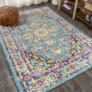 jonathan y mdp207e-4 brooklyn geometric medallion bohemian indoor area-rug country easy-cleaning bedroom kitchen living room non shedding, 4 x 6, blue