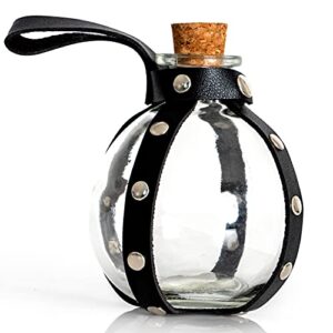 skeleteen dark magic potion bottle – black wizard potions glass holder with cork stopper and faux leather harness with holster loop
