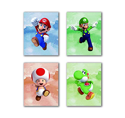 Super Mario Art Prints Toad Super Mario Prints Wall Art Game Room Decor Birthday Painting Set of 4 Pieces (8”X10”Canvas Picture), Bathroom Room Painting, Frameless