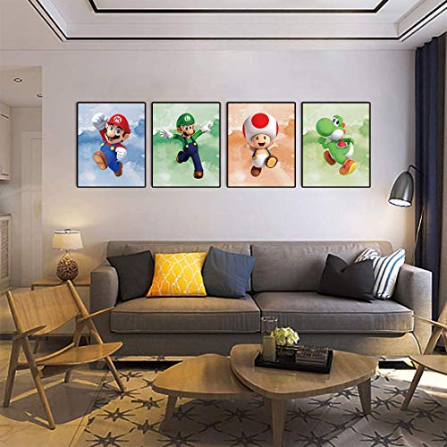 Super Mario Art Prints Toad Super Mario Prints Wall Art Game Room Decor Birthday Painting Set of 4 Pieces (8”X10”Canvas Picture), Bathroom Room Painting, Frameless