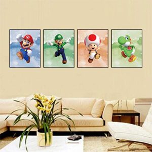 Super Mario Art Prints Toad Super Mario Prints Wall Art Game Room Decor Birthday Painting Set of 4 Pieces (8”X10”Canvas Picture), Bathroom Room Painting, Frameless