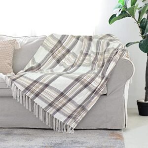 taupe grey and white plaid decor tartan blanket, lightweight soft chenille striped knitted rustic farmhouse throw with tassels for couch sofa chair bed office home, 50″ x 60″