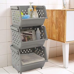 Callyne Gray Plastic Stacking Organizer Basket, Stackable Storage Basket, Set of 3