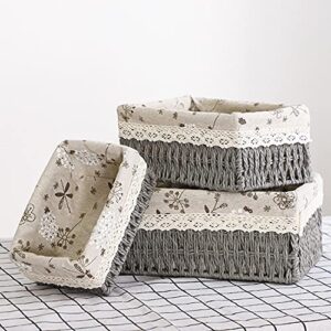 storage baskets for shelves, rectangular organizing woven baskets set with removable liners | natural seagrass, decorative home storage bin (set of 3, grey)