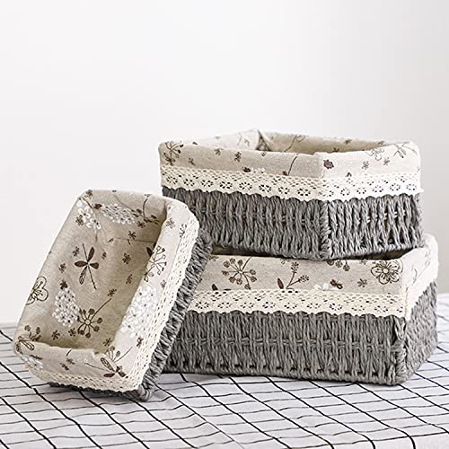 Storage Baskets for Shelves, Rectangular Organizing Woven Baskets Set with Removable Liners | Natural Seagrass, Decorative Home Storage Bin (Set of 3, Grey)