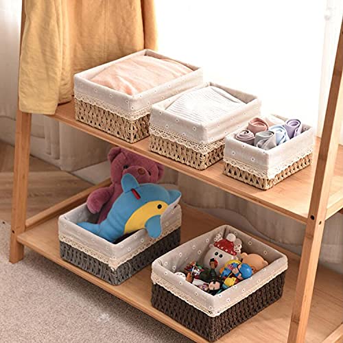 Storage Baskets for Shelves, Rectangular Organizing Woven Baskets Set with Removable Liners | Natural Seagrass, Decorative Home Storage Bin (Set of 3, Grey)