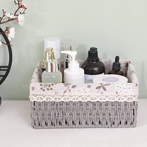 Storage Baskets for Shelves, Rectangular Organizing Woven Baskets Set with Removable Liners | Natural Seagrass, Decorative Home Storage Bin (Set of 3, Grey)