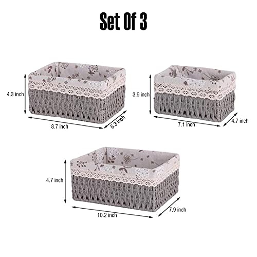 Storage Baskets for Shelves, Rectangular Organizing Woven Baskets Set with Removable Liners | Natural Seagrass, Decorative Home Storage Bin (Set of 3, Grey)