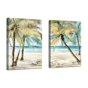 artistic path beach palm trees wall art: abstract coastal seascape hand painted artwork painting on canvas pictures for living room (12″ w x 16″ h x 2 pcs, multi-sized)