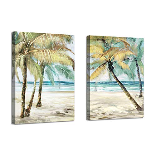 ARTISTIC PATH Beach Palm Trees Wall Art: Abstract Coastal Seascape Hand Painted Artwork Painting on Canvas Pictures for Living Room (12" W x 16" H x 2 PCS, Multi-Sized)