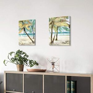 ARTISTIC PATH Beach Palm Trees Wall Art: Abstract Coastal Seascape Hand Painted Artwork Painting on Canvas Pictures for Living Room (12" W x 16" H x 2 PCS, Multi-Sized)