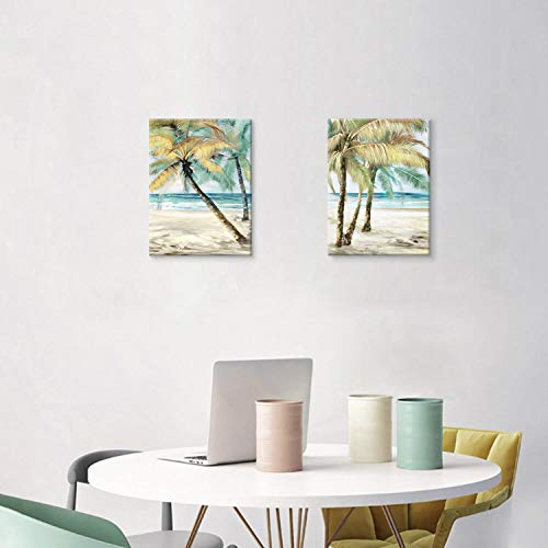 ARTISTIC PATH Beach Palm Trees Wall Art: Abstract Coastal Seascape Hand Painted Artwork Painting on Canvas Pictures for Living Room (12" W x 16" H x 2 PCS, Multi-Sized)