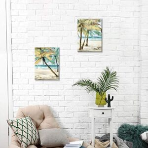 ARTISTIC PATH Beach Palm Trees Wall Art: Abstract Coastal Seascape Hand Painted Artwork Painting on Canvas Pictures for Living Room (12" W x 16" H x 2 PCS, Multi-Sized)