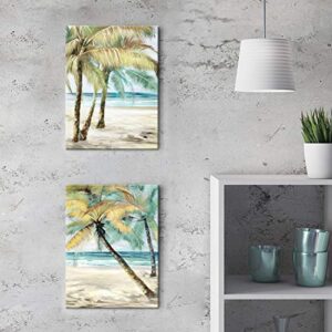 ARTISTIC PATH Beach Palm Trees Wall Art: Abstract Coastal Seascape Hand Painted Artwork Painting on Canvas Pictures for Living Room (12" W x 16" H x 2 PCS, Multi-Sized)