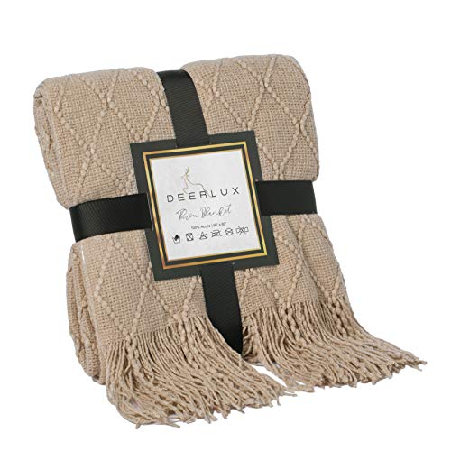 Decorative Diamond Pattern Knit Throw Blanket with Fringe, Khaki