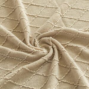 Decorative Diamond Pattern Knit Throw Blanket with Fringe, Khaki