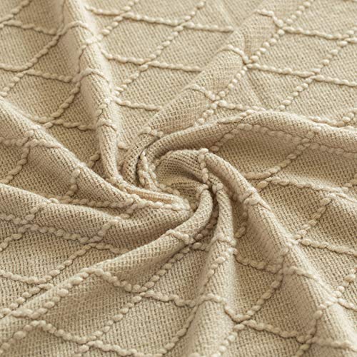 Decorative Diamond Pattern Knit Throw Blanket with Fringe, Khaki