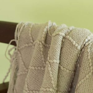 Decorative Diamond Pattern Knit Throw Blanket with Fringe, Khaki