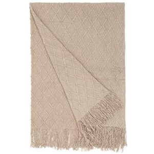 Decorative Diamond Pattern Knit Throw Blanket with Fringe, Khaki